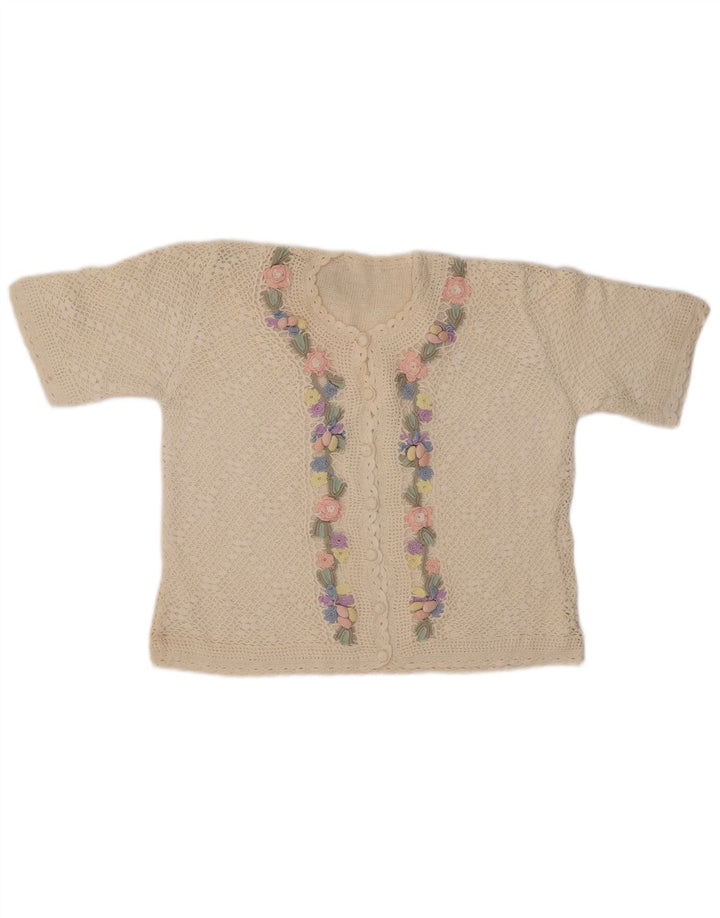 VINTAGE kortærmet cardigantrøje til kvinder UK 14 Medium Off White Floral
