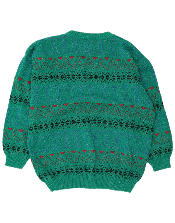 Vintage herre rund hals sweater mellemgrøn geometrisk akryl