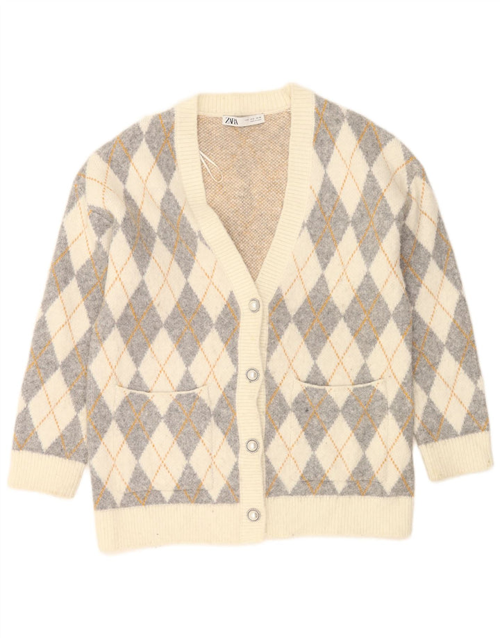 Zara Kvinders Oversized Cardigan Sweater UK 10 Small Off White Argyle/Diamond