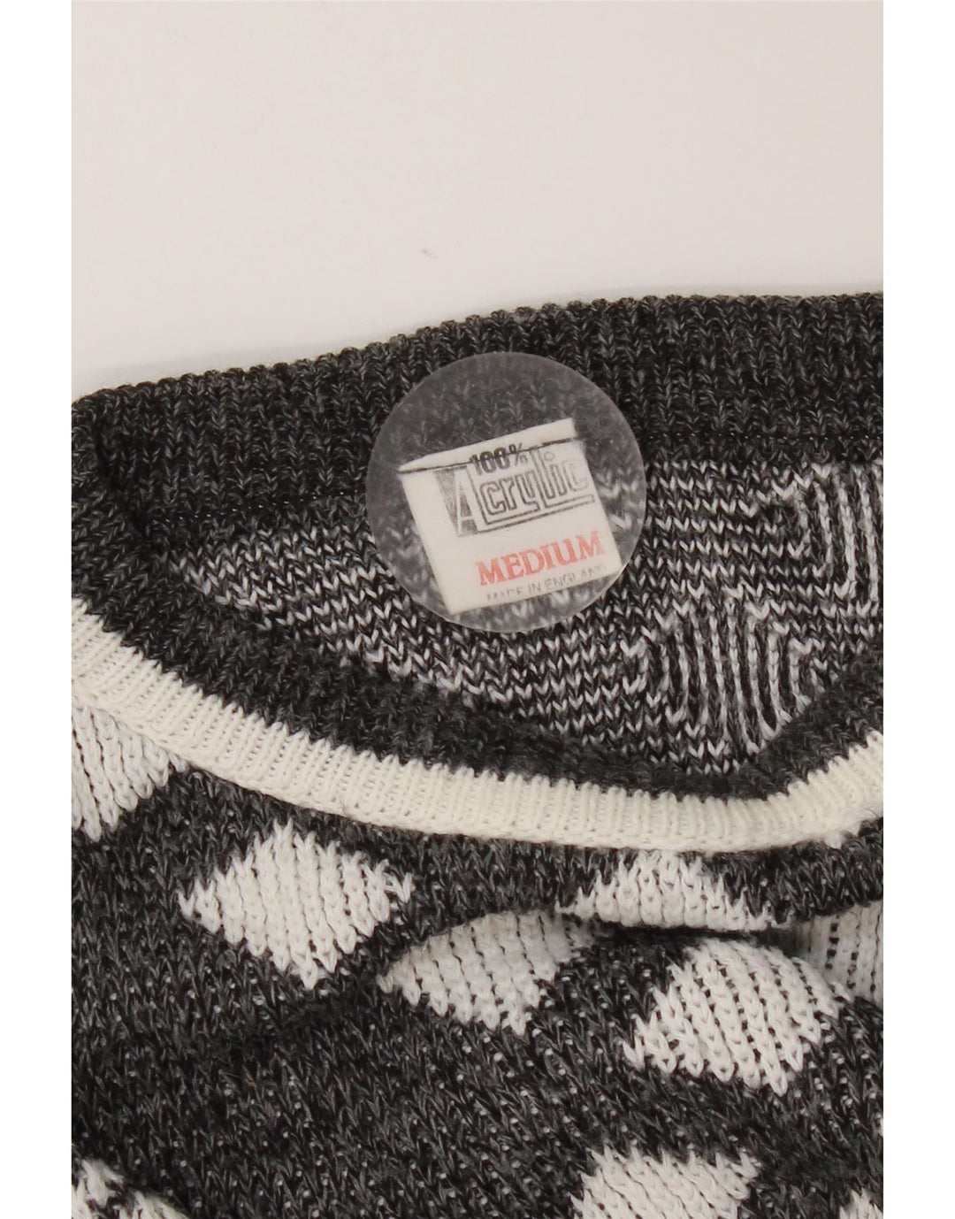Vintage dame sweater med rund hals DK 14 mellemgrå geometrisk