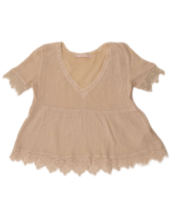 Zara Dame Trafaluc Crop Hæklet Bluse Top UK 6 XS Beige Bomuld