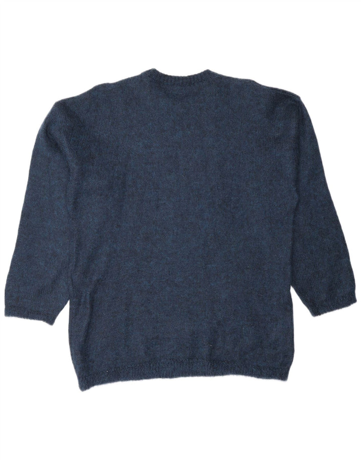 Vintage kvinders grafisk rund hals sweater UK 14 Medium Navy Blue