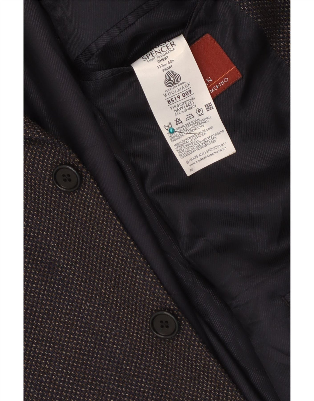 Marks & Spencer Herre 3-knaps blazerjakke UK 44 XL Marineblå Virgin Wool