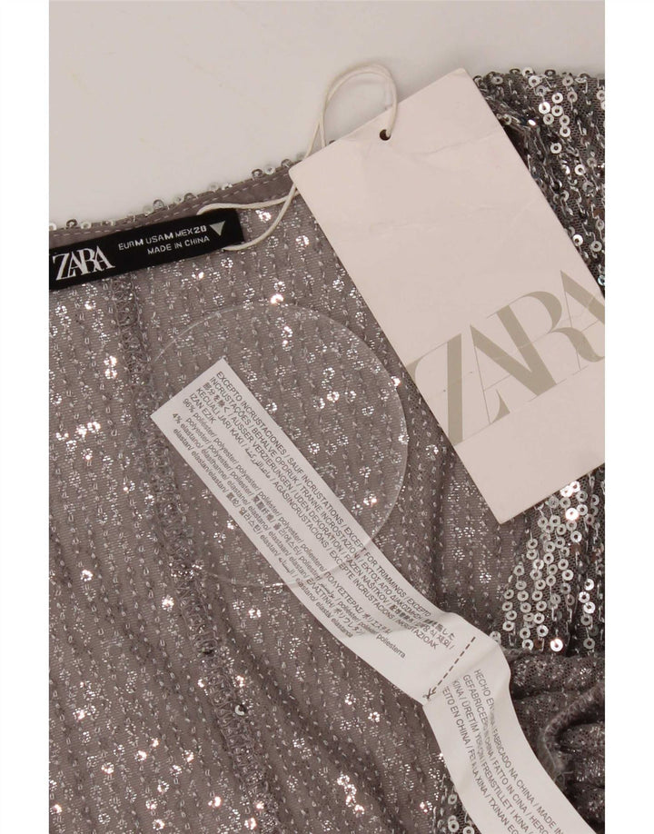 Zara Dame Bluse Top UK 12 Medium Sølv Polyester