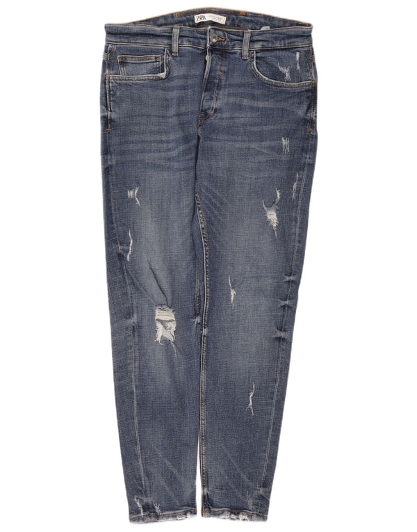 Zara Herre Distressed Slim Jeans EU 46 XL W36 L31 Blå Bomuld