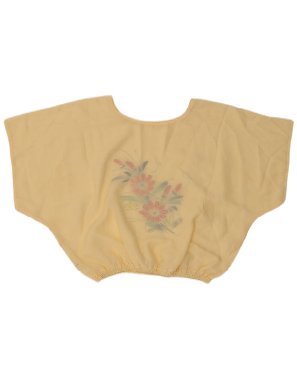 Vintage Womens Crop Bluse Top UK 16 Large Beige Floral Polyester