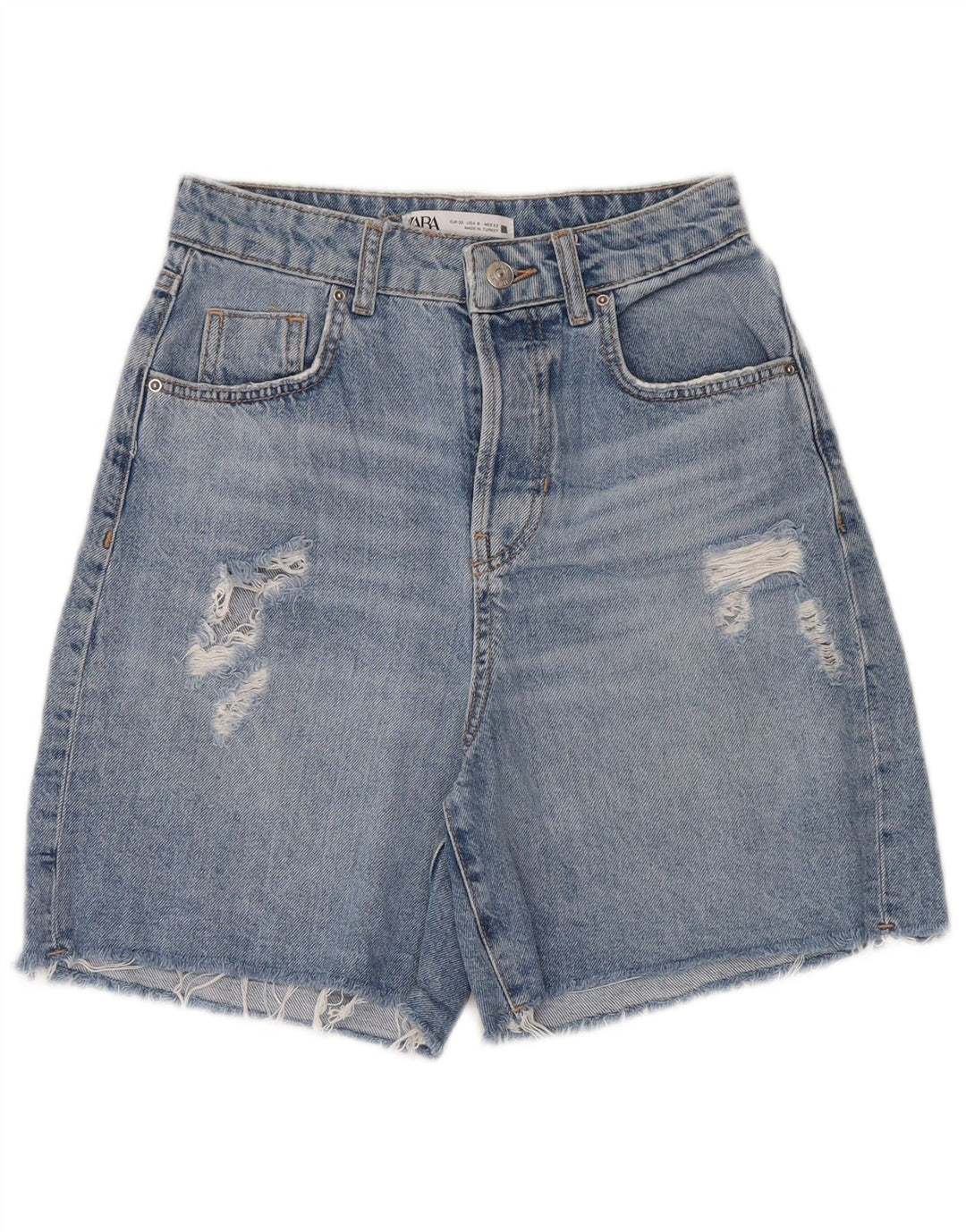 Zara Dame High Waist Distressed Denim Shorts EU 32 2XS W22 Blå