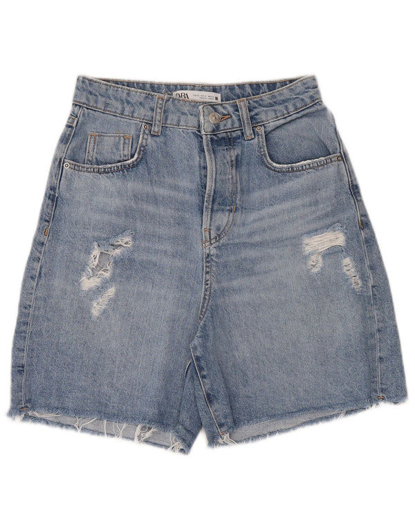 Zara Dame High Waist Distressed Denim Shorts EU 32 2XS W22 Blå