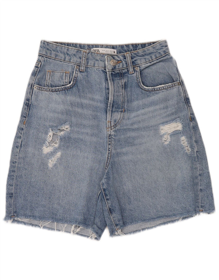 Zara Dame High Waist Distressed Denim Shorts EU 32 2XS W22 Blå