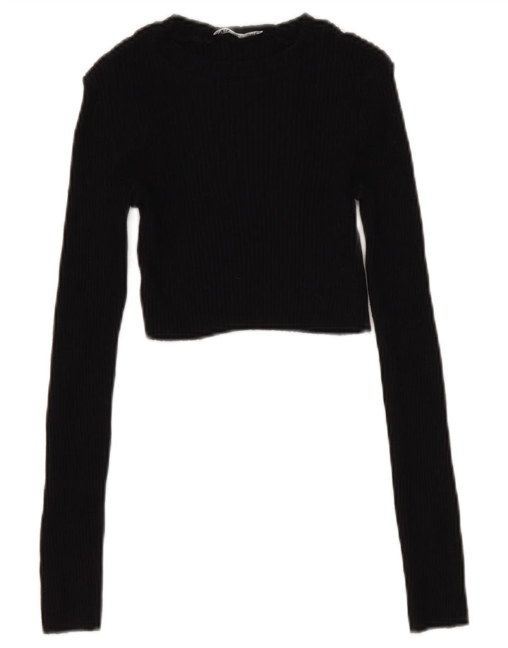 Zara Womens Crop Top Langærmet UK 8 Small Black Bomuld