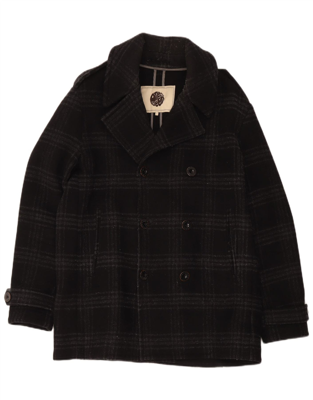 Pretty Green Men Pea Coat UK 40 Large Black Check Wool