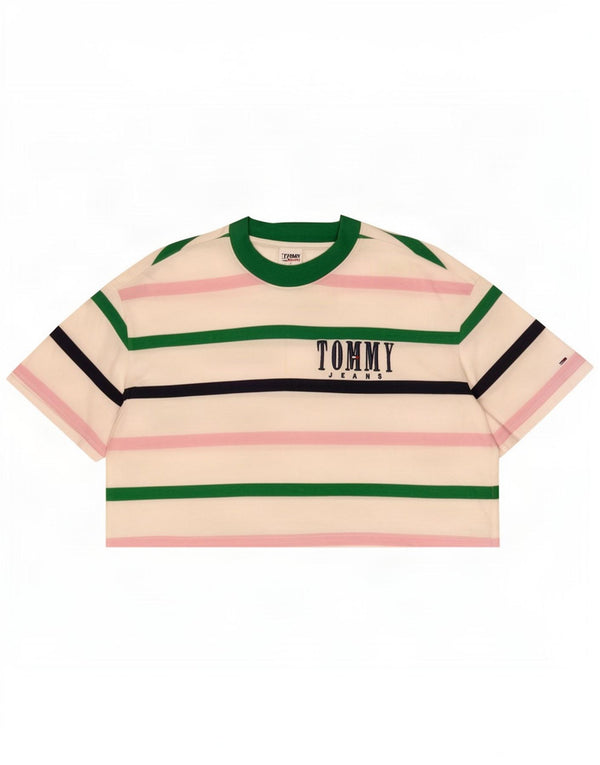 Tommy Hilfiger Dame Crop Grafisk T-Shirt Top UK 18 XL Hvid Stribet