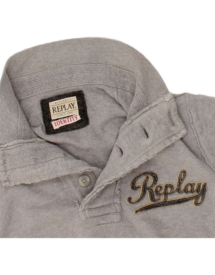 REPLAY Womens Graphic Button Neck Sweatshirt Jumper UK 16 Large Grey Vintage Replay and Second-Hand Replay from Messina Hembry 