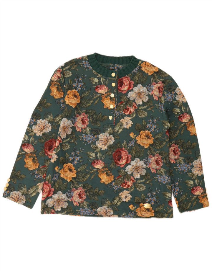 VINTAGE Womens Button Neck Jumper Sweater IT 44 Medium Green Floral Cotton