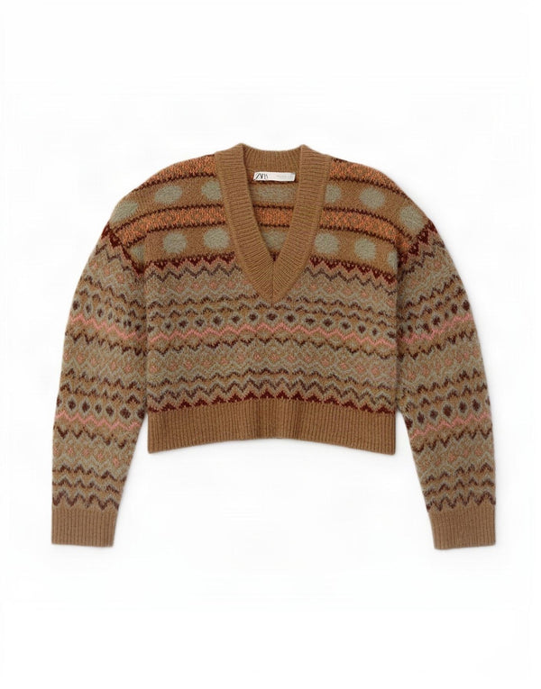 Zara Womens Crop V-hals sweater UK 14 Medium Beige Fair Isle