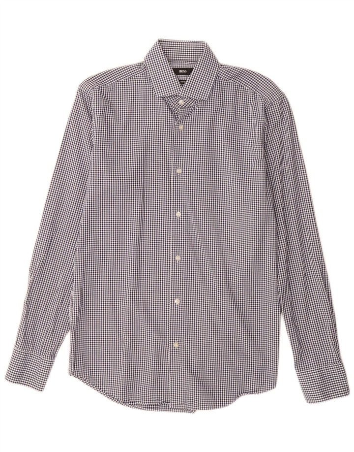 Hugo Boss Herre Regular Fit Skjorte Størrelse 38 15 Medium Marineblå Gingham Cotton