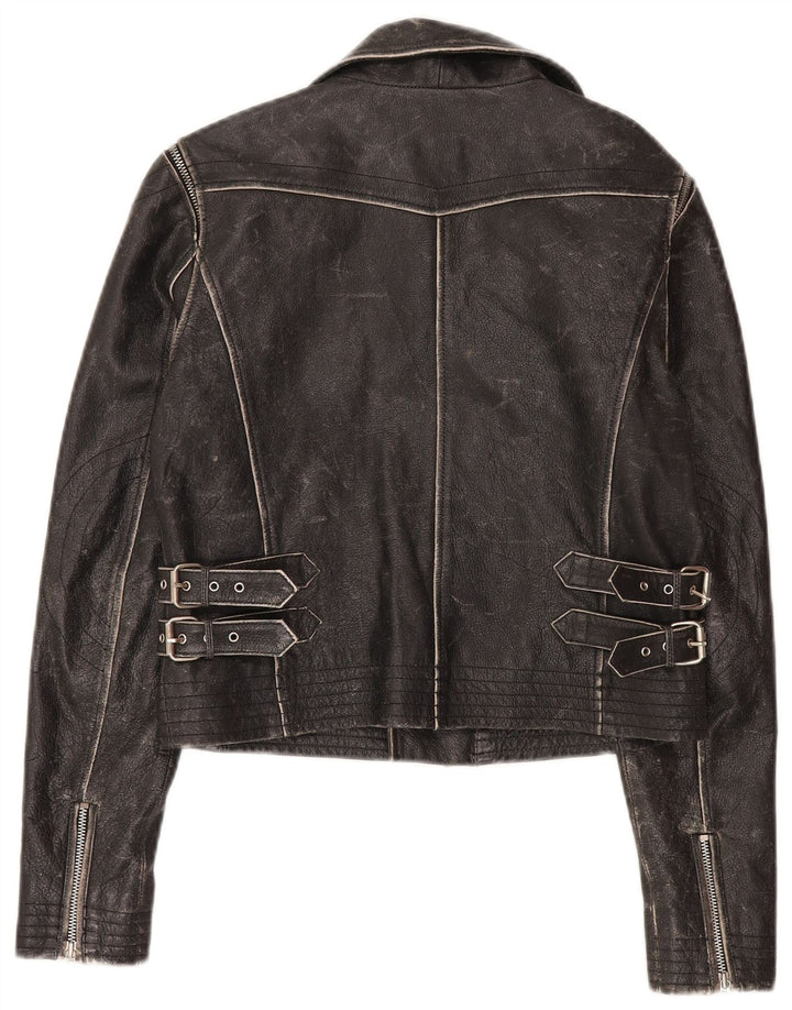 Yuppie Womens Crop Læder Biker Jacket EU 38 Medium Sort Læder