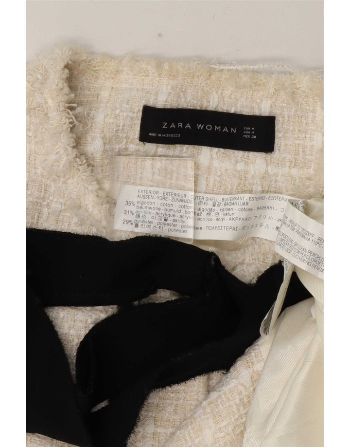 Zara Dame Longline 3 Button Blazer Jacket UK 12 Medium White Ternet Bomuld