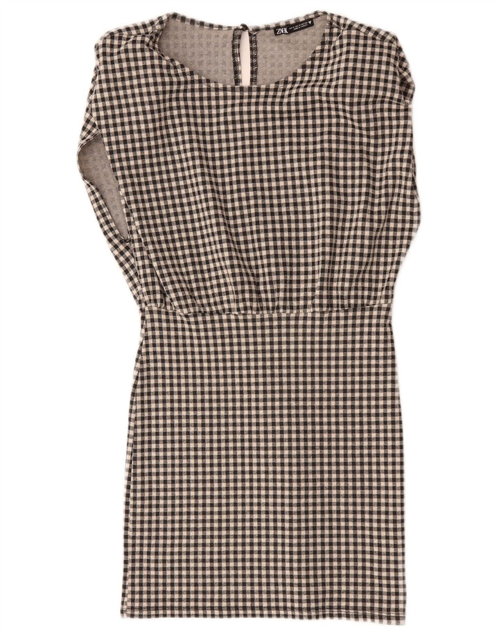 Zara Dame Ærmeløs Shift Dress UK 14 Medium Black Gingham Cotton