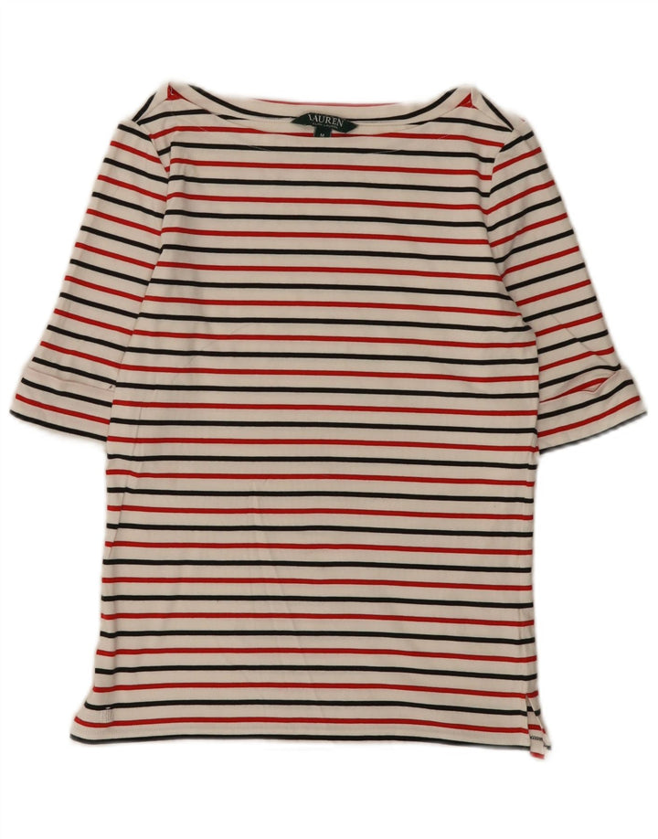 Ralph Lauren Dame Top 3/4 ærmer UK 12 Medium Hvid Stribet