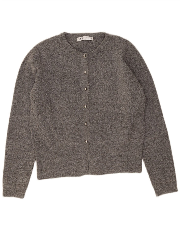 Zara Dame Cardigan Sweater UK 14 Large Grå Polyester