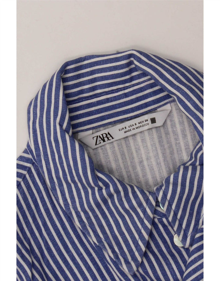 Zara Womens Front Tie Crop Shirt Bluse UK 10 Small Blue Striped