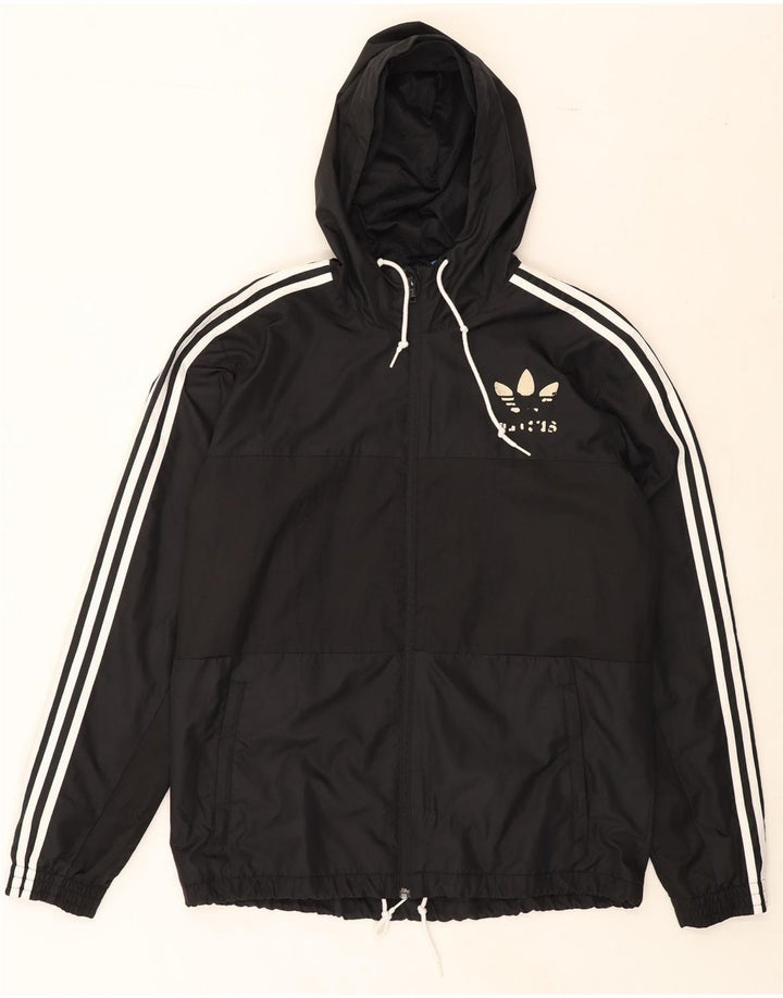 ADIDAS Mens Hooded Tracksuit Top Jacket Large Black Polyester Vintage Adidas and Second-Hand Adidas from Messina Hembry 