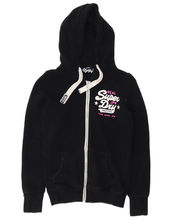 Superdry Womens Graphic Zip Hoodie Sweater UK 8 Small Black Cotton