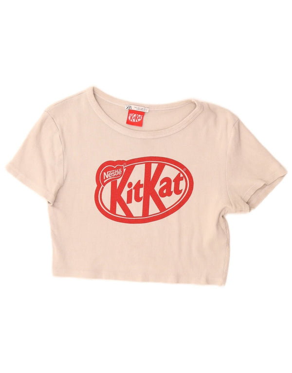 Zara Womens Crop Graphic T-Shirt Top UK 14 Large Grey Cotton