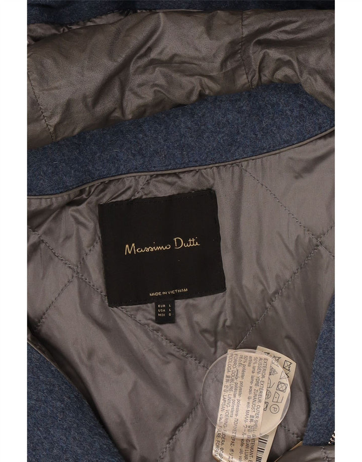 Massimo Dutti Dame Hætte Oversized Overfrakke UK 16 Large Blue Wool