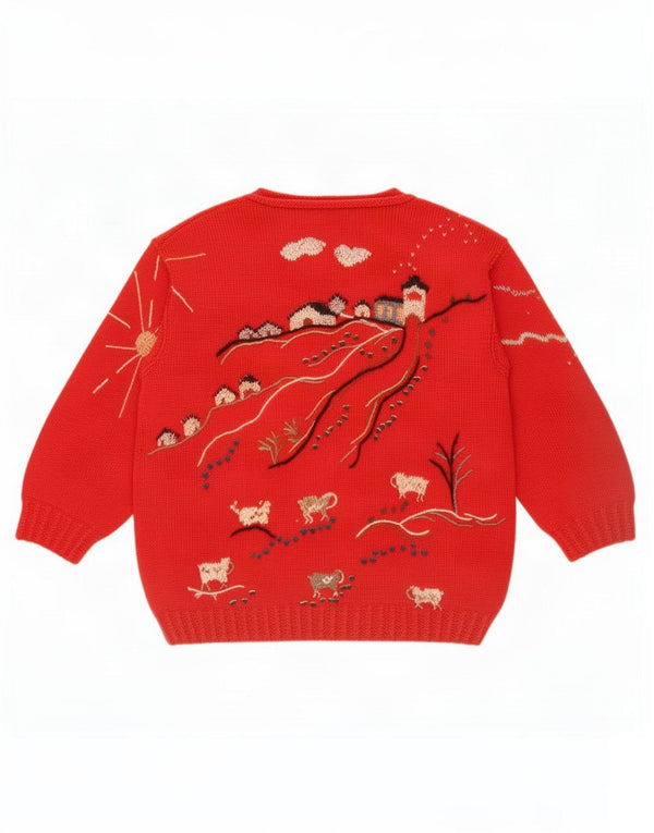 Vintage Dame Grafisk Boat Neck Jumper Sweater UK 16 Large Red