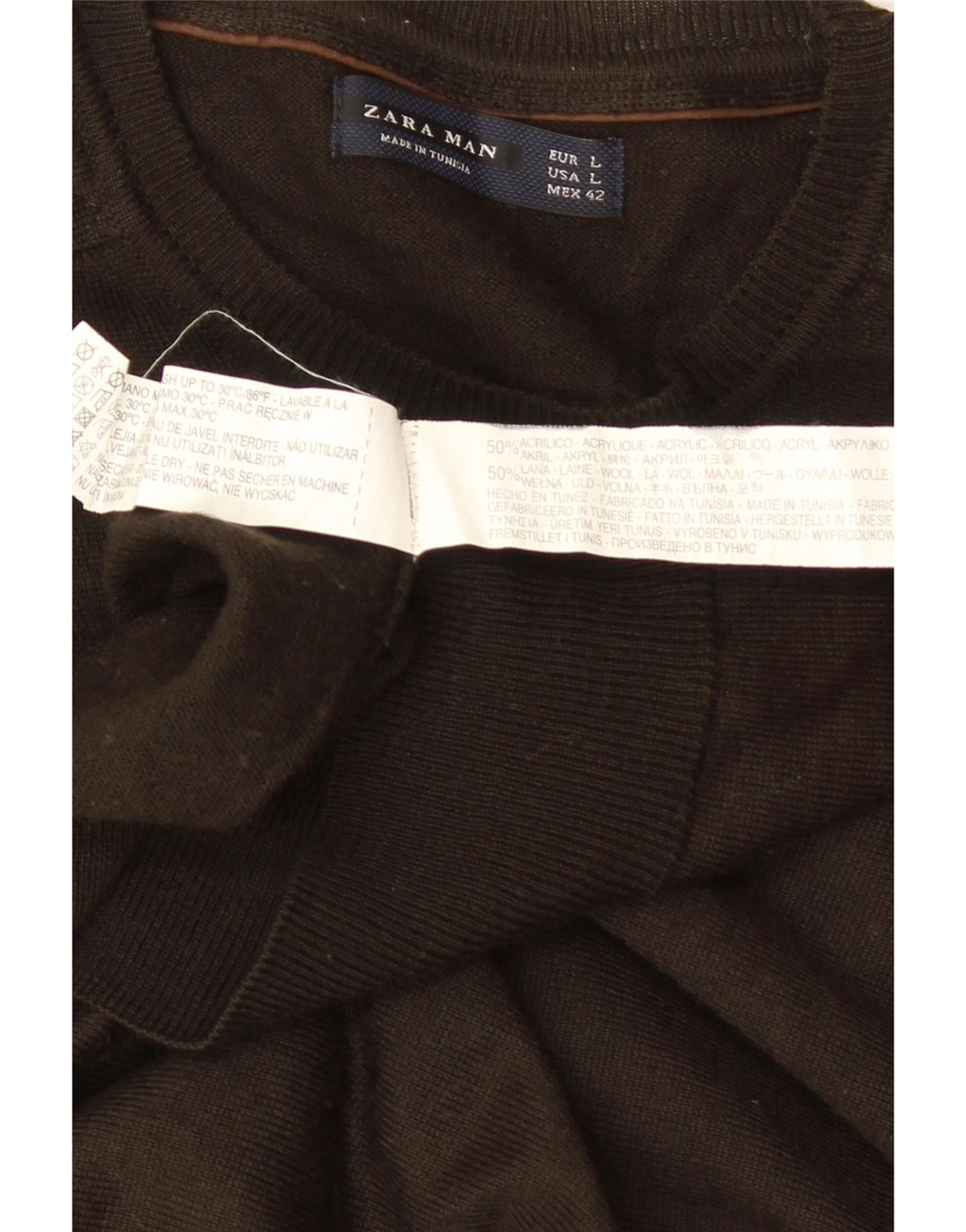 ZARA Herre Crew Neck Jumper Sweater Stor Brun Akryl