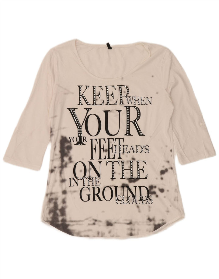 BENETTON Dame Grafisk Top 3/4 ærme UK 12 Medium White