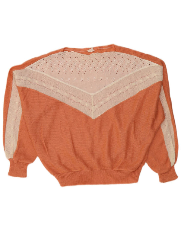 VINTAGE Dame Boat Neck Sweater UK 14 Medium Orange Colourblock