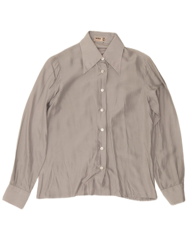 VINTAGE skjortebluse til kvinder UK 12 Medium Grå Silke