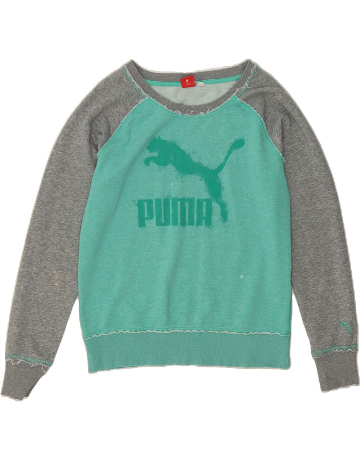 PUMA Womens Graphic Sweatshirt Jumper UK 12 Medium  Green Colourblock Vintage Puma and Second-Hand Puma from Messina Hembry 
