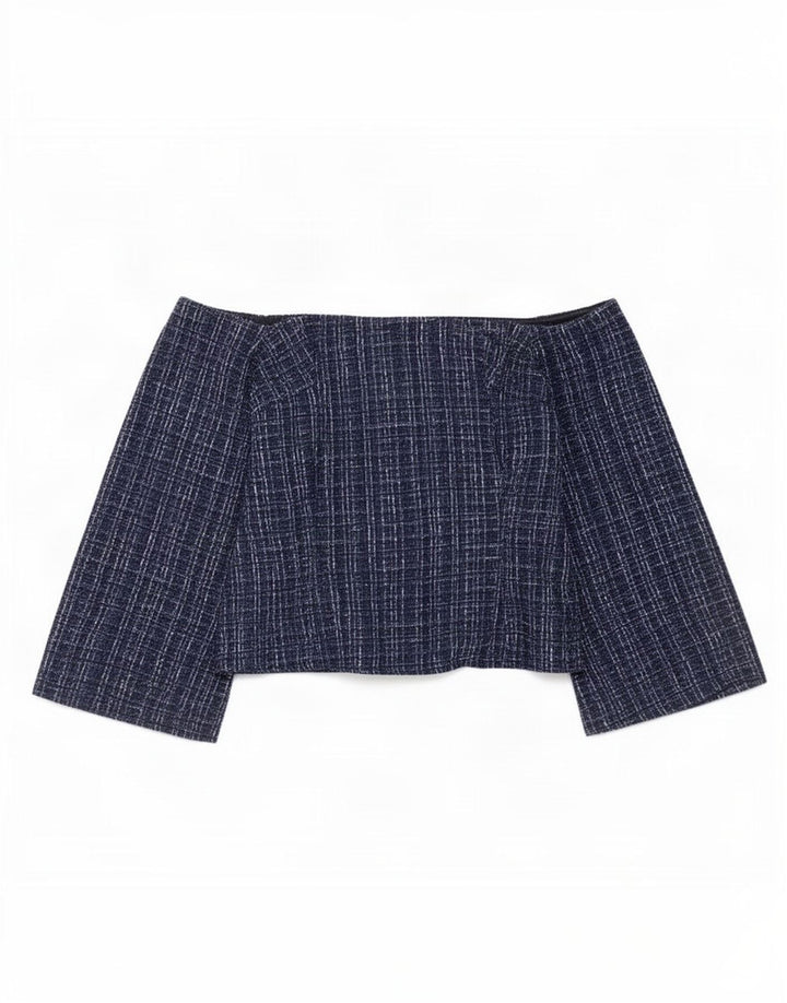 Zara Dame Off Shoulder Top UK 12 Medium Navy Blue Plaid Polyester