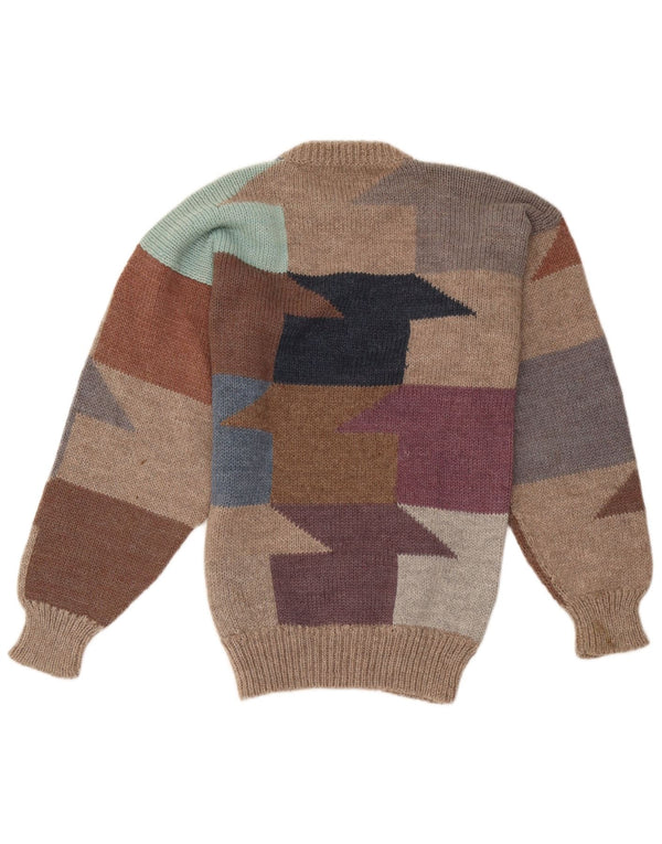 Vintage kvinders grafisk rund hals sweater UK 14 medium brun