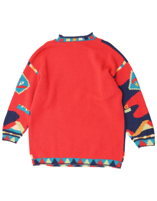 Vintage Dame Turtle Neck Jumper Sweater UK 16 Large Red Geometric Novelty