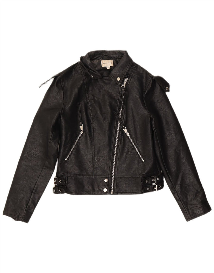 Warehouse Dame imiteret læder Biker Jacket UK 10 Small Black Polyurethane