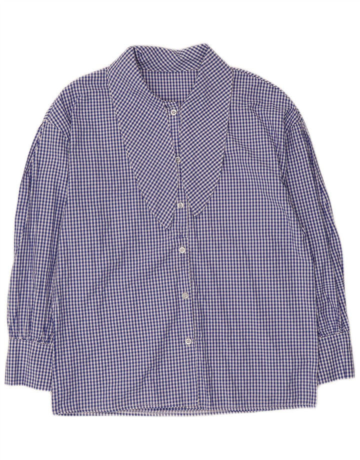 Vintage damebluse med 3/4 ærmer foran Tie Shirt UK 14 Medium Blue Gingham