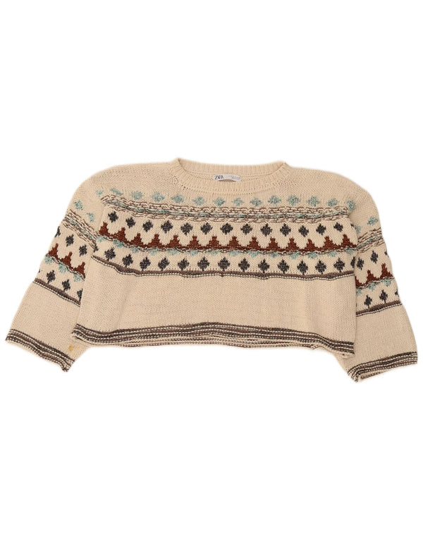 Zara Womens Crop Boat Neck Jumper Sweater UK 10 Small Beige Fair Isle