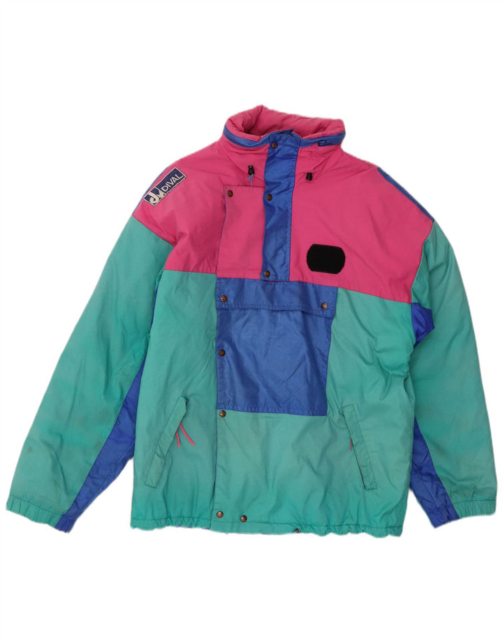 Vintage Herre Oversized Hætte Skijakke IT 46 Lille Grøn Colourblock