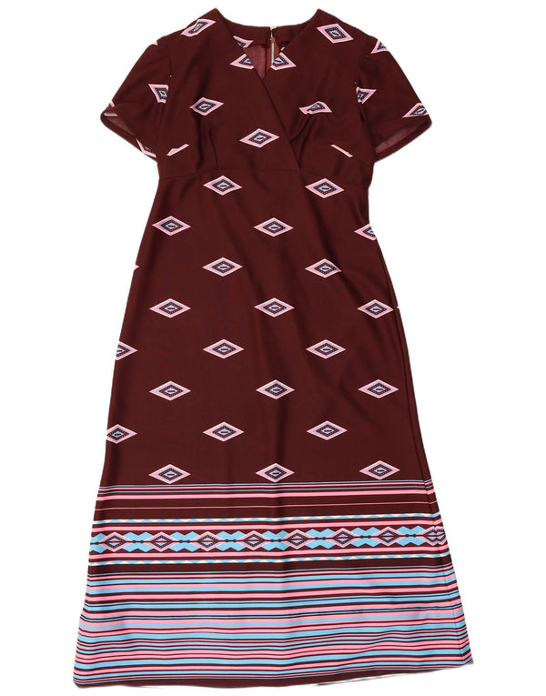 Vintage Dame Maxi Kjole UK 10 Small Burgundy Geometric