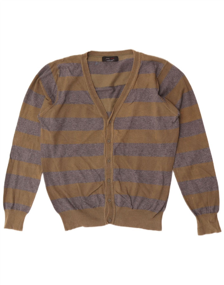 Zara Herre Cardigan Sweater Stor Khaki Stribet