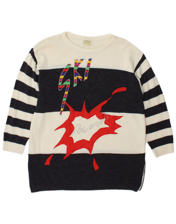 Camilla Dame grafisk rund hals sweater UK 14 Stor hvid stribet