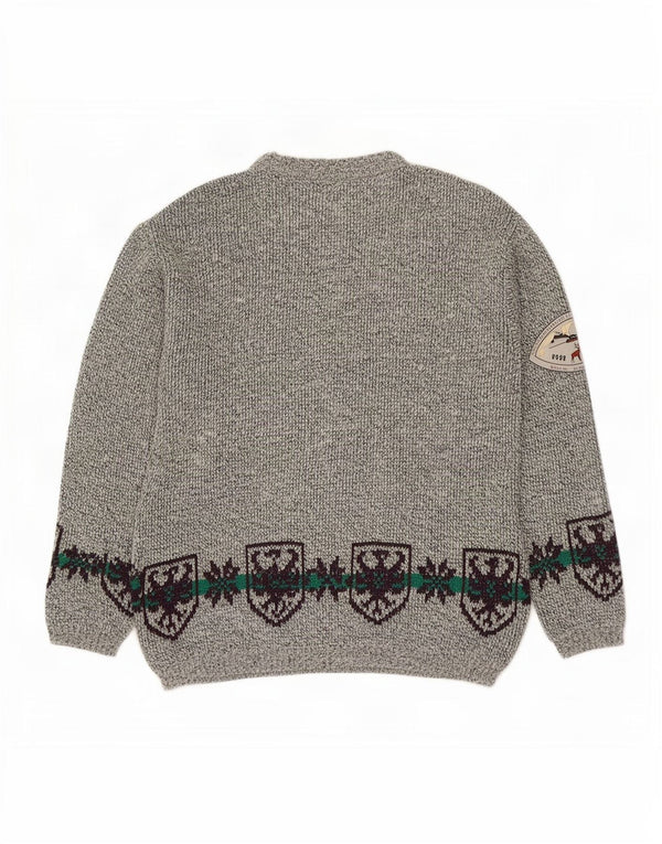 Vintage Herre Crew Neck Jumper Sweater Large Grey Fair Isle Wool