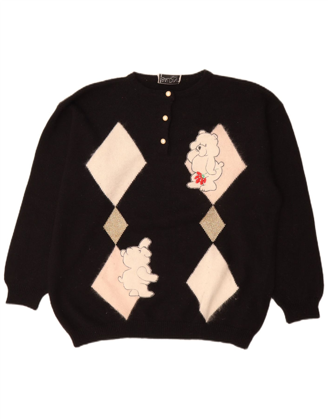 Baldini Womens Button Neck Jumper Sweater UK 16 Large Black Argyle/Diamond