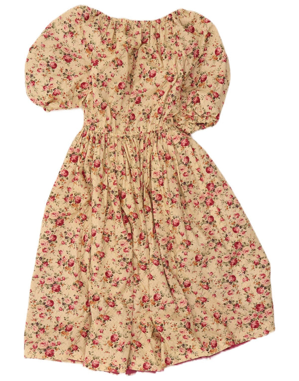 Vintage Kvinder Off Shoulder Kjole UK 14 Large Beige Floral