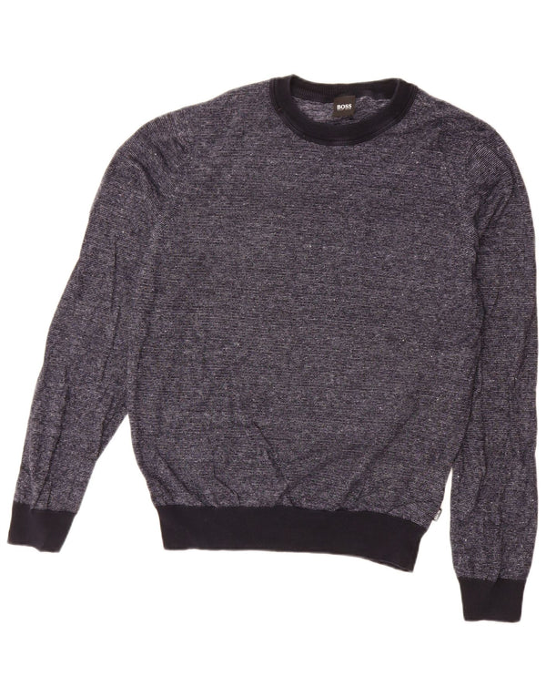 Hugo Boss Herre Boat Neck Jumper Sweater Medium Navy Blue Nålestribet bomuld
